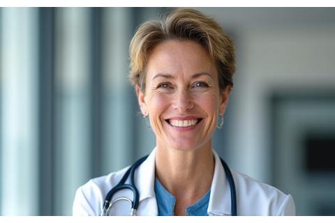 Dr. Evelyn Reid, a confident, professional woman in her late 40s, smiling warmly, a stethoscope subtly visible.