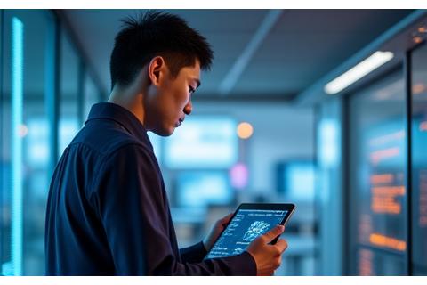 Mr. David Chen, a visionary technology expert in his early 40s, looking thoughtfully at a tablet with data visualizations.