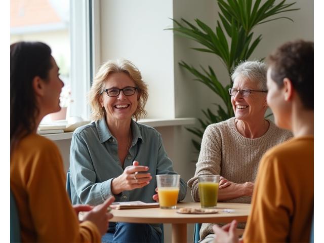 Diverse group of smiling adults interacting in a modern, light-filled community space, symbolizing connection.