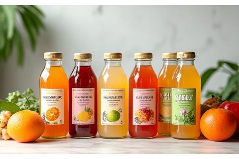 Assortment of healthy functional beverages like kombucha and sparkling water with fruits.