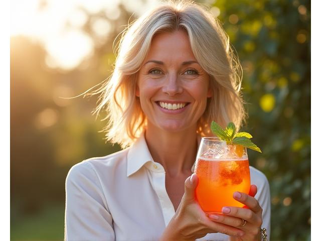 Joyful woman in her 40s enjoying a vibrant non-alcoholic drink outdoors, radiating health and serenity.