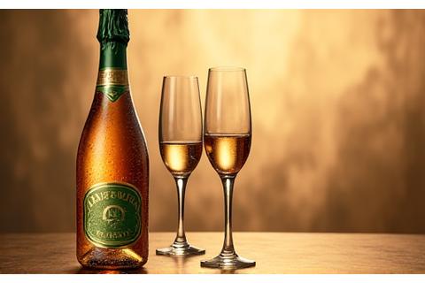 Elegant bottle of non-alcoholic sparkling wine with two flutes, against a warm, inviting background.