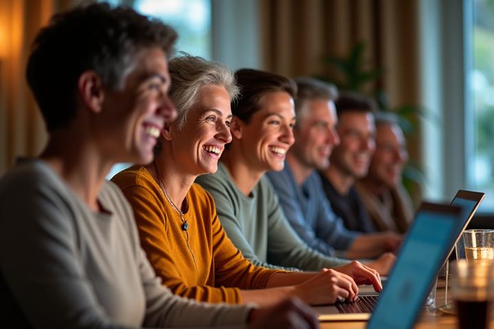 Diverse group of adults interacting positively in a digital community forum interface, smiling and engaged, representing peer support and connection.