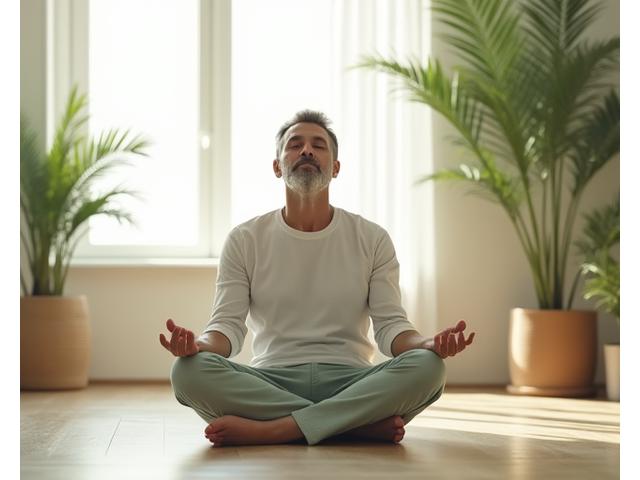 Man in his early 50s meditating peacefully in a serene, light-filled room, showing calm and mindfulness.