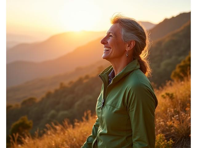 Smiling woman in her late 40s confidently hiking on a trail, embodying vitality and achievement.